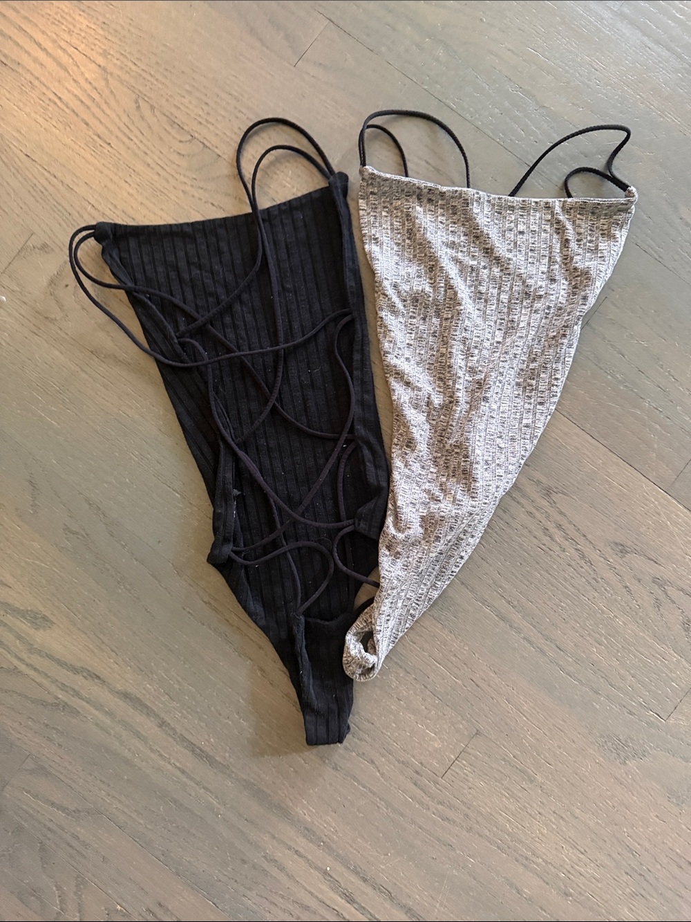 Ribbed Thong Bodysuits — Black & Light Gray